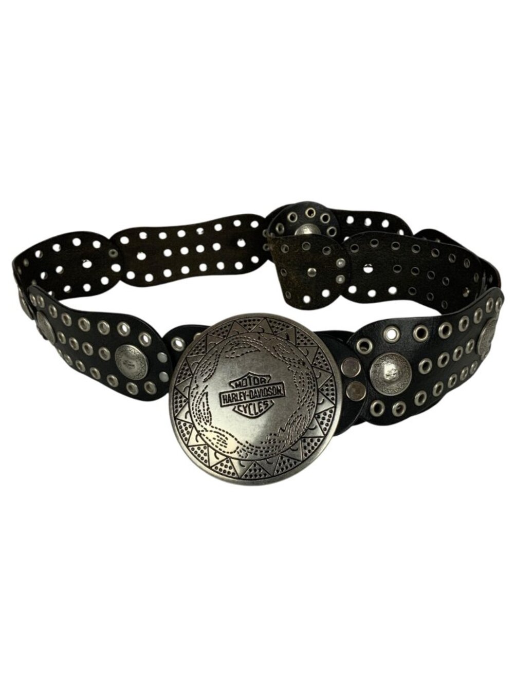 Harley-Davidson Womens Concho Black Leather Belt Silvertone Buckle Size XL - Picture 1 of 5